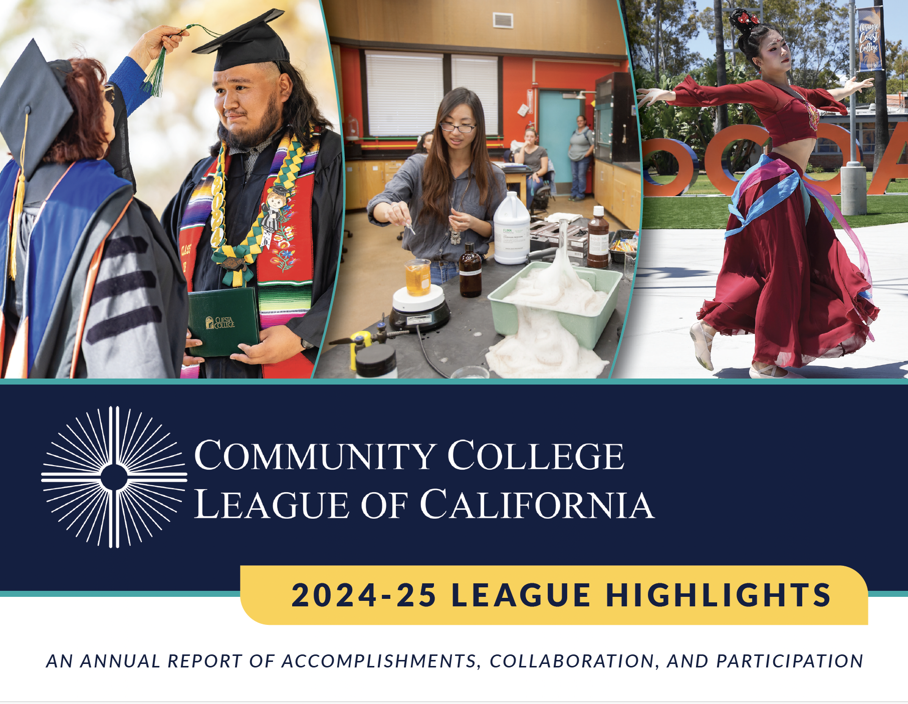 Publication cover for 2024-25 League Highlights annual report. CCLC logo and photos from colleges.